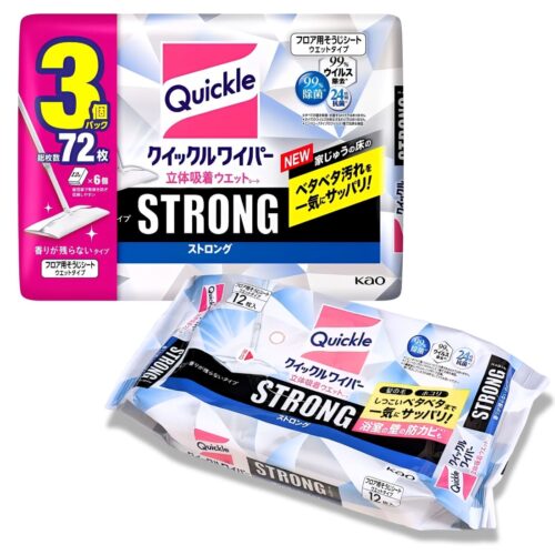 Kao クイックルワイパー ストロング 大容量 立体吸着ウエットシート 24枚ｘ3袋 ウイルス99%除去 除菌 香りが残らないタイプ 住宅用お掃除シート サイズ約 205mm × 約 285mm #27518 梅雨の時期 湿気でベタつく床に