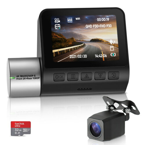 【32GBカード付き】ドライブレコーダー V50 4K 3840×2160Pと解像度:フロント2K+リア1080P 360度回転 前後カメラ 170°広角 WiFi Gセンサー  シガープラグと接続コード（対応車：インプット:DC12V-24V/アウトプット:DC:5V-3.1A 長さ:約 335cm）リアカメラコード:約 590cm