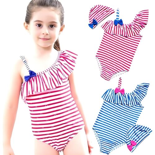 キッズ水着 女の子 帽子付 ストライプ柄 縞 ボーダー オールインワンタイプ デザイン×サイズ ガールズ レッド ブルー サイズ 身長 100cm, 110cm こどもの日 プレゼント