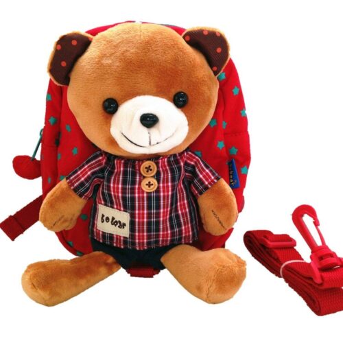 可愛い迷子防止赤ちゃんリュックサック クマ リュックぬいぐるみ付きリュック リード付き ハーネス付き／ベビー リード付きリュック 迷子防止ひも (レッド)